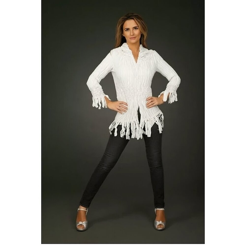 Jerry T Designer Tunic Small White Crinkle Texture Button Fringe Boho Party Top